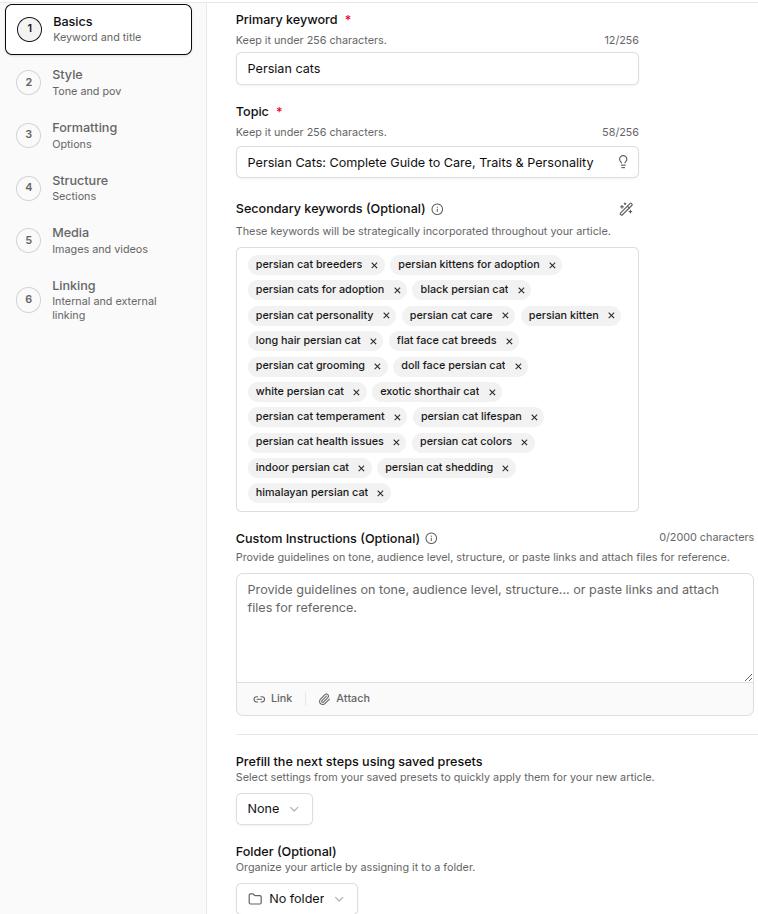 Basic keyword settings including title and secondary keywords - Contentpen.ai.