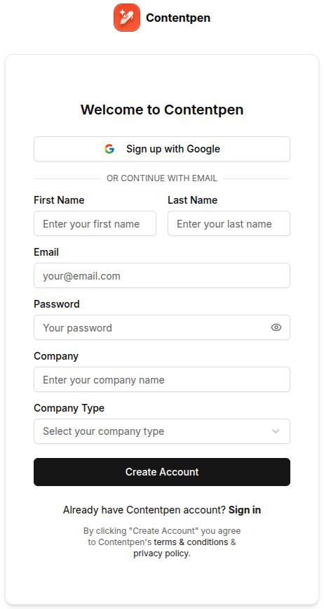 Sign up screen - Contentpen.ai.