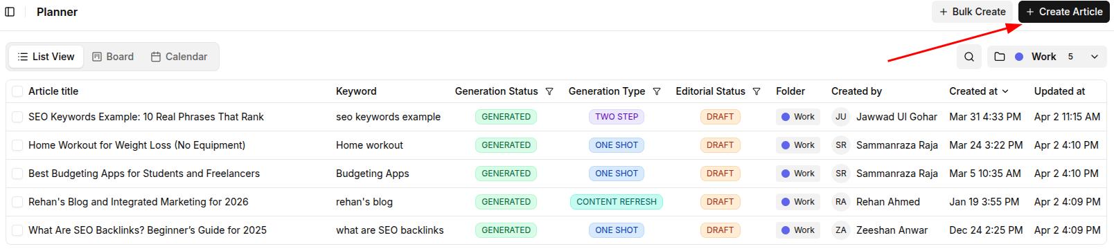 Create article button to start a new blog - Contentpen.ai.