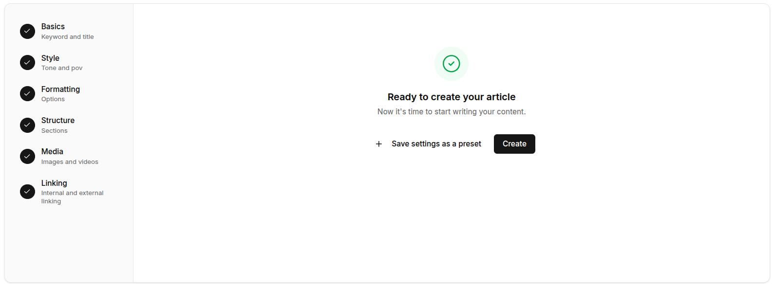 The final screen before article generation - Contentpen.ai.