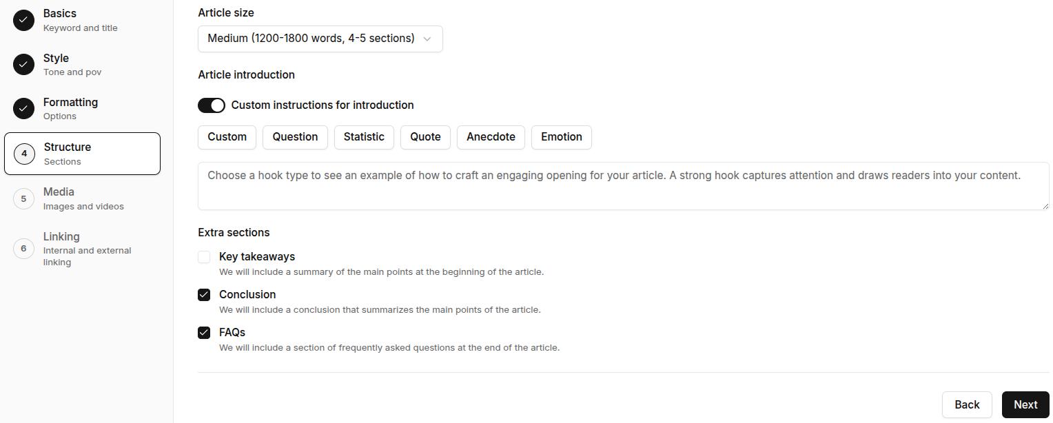 Content structure settings inside Contentpen.ai.