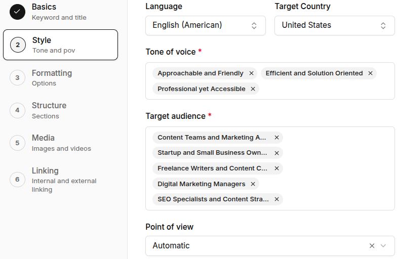 Tone of voice settings in Contentpen.ai.
