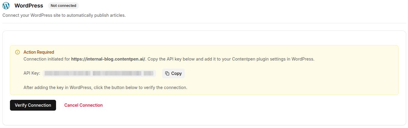 Copying API key from Contentpen for WordPress integration.