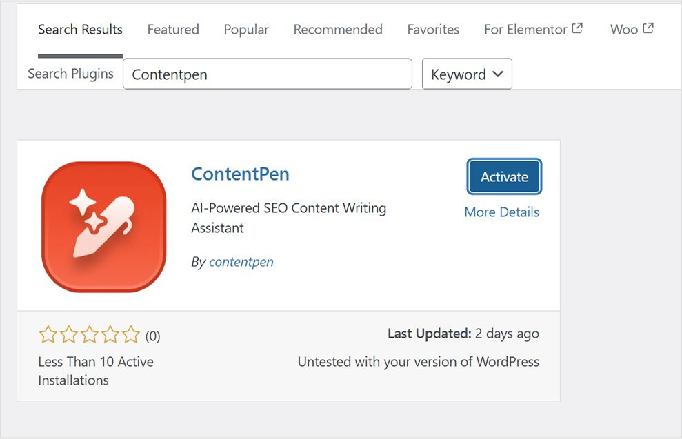 Activating Contentpen plugin in WordPress.