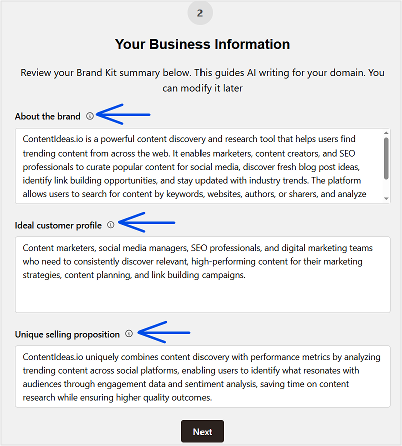 Business information screen - Contentpen.ai.