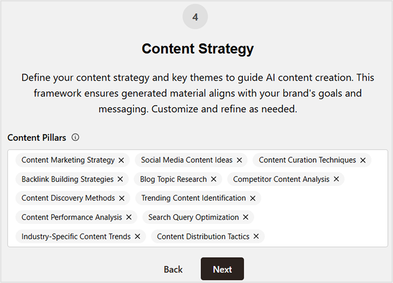 Screenshot showing a brand's content strategy (content pillars) - Contentpen.ai.