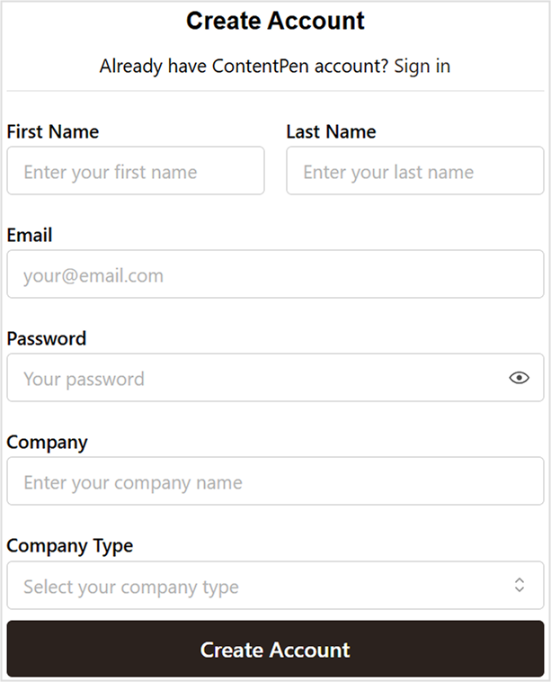 Creating account screen - Contentpen.ai.