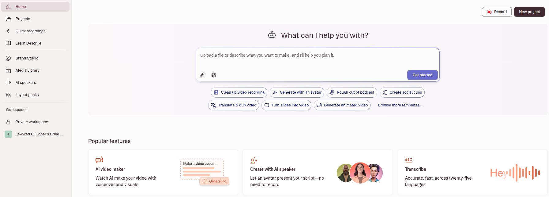 Descript main tool interface