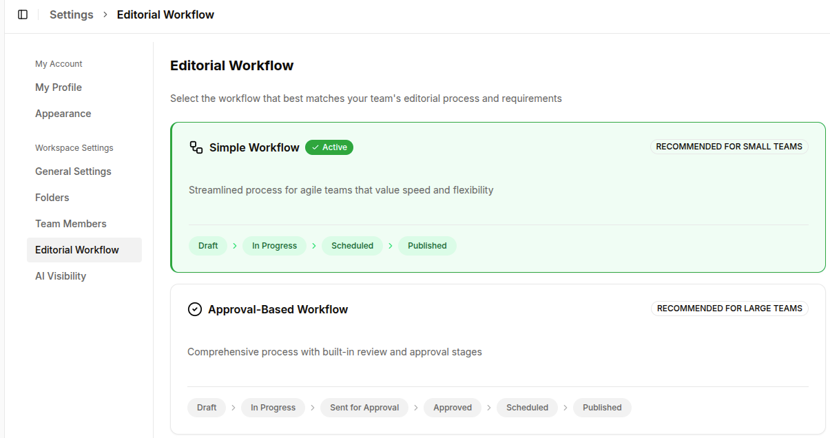 Screenshot showing Contentpen's editorial workflow options.