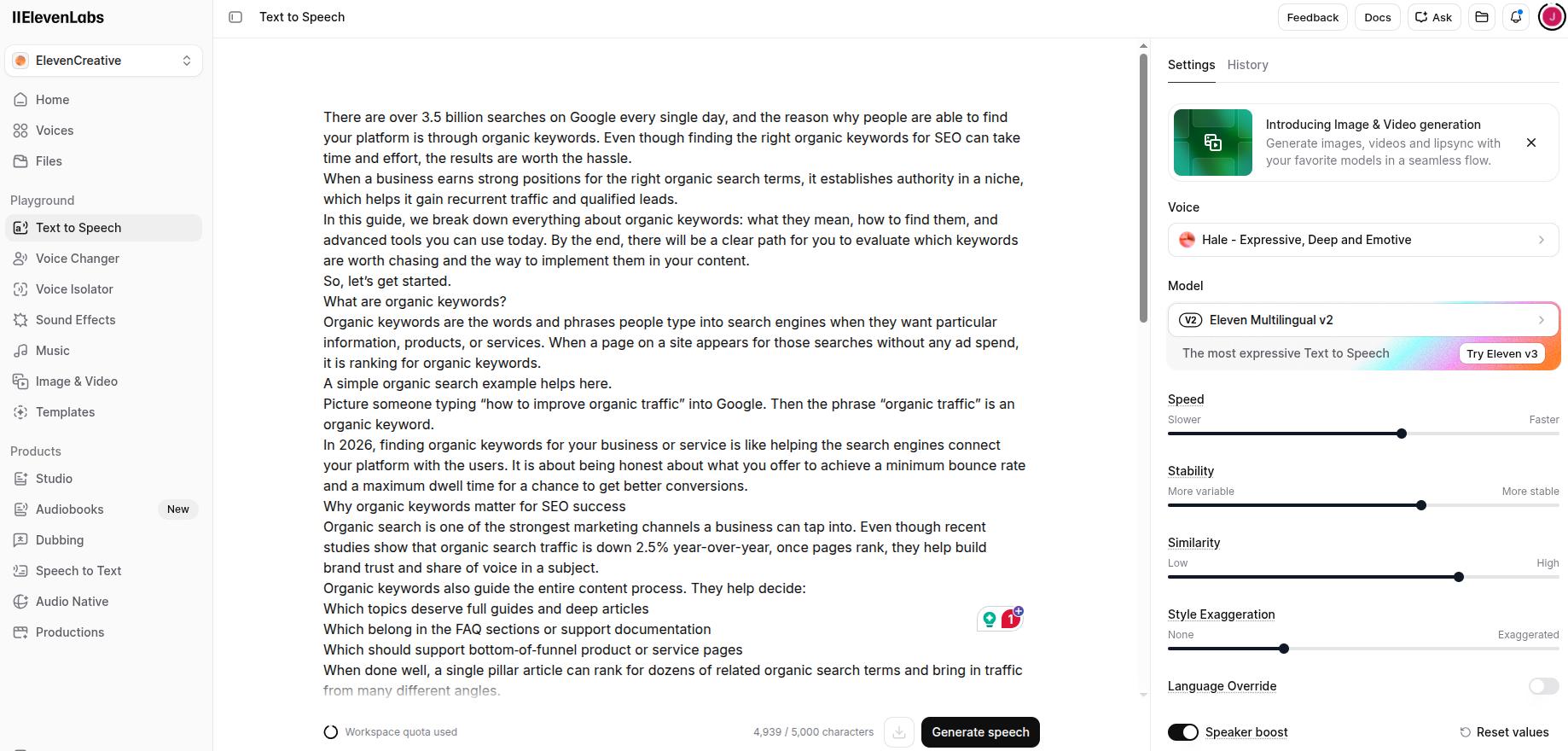 ElevenLabs main interface