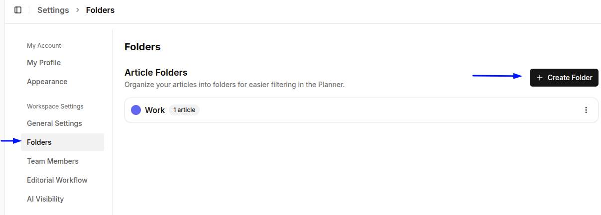 Folders tab under Workspace settings in Contentpen.ai.