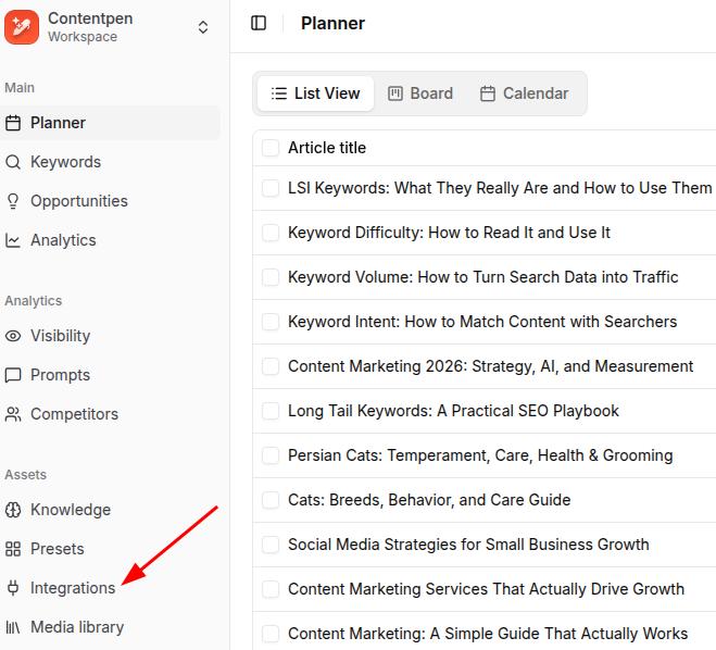 Integrations tab from the main Contentpen dashboard.