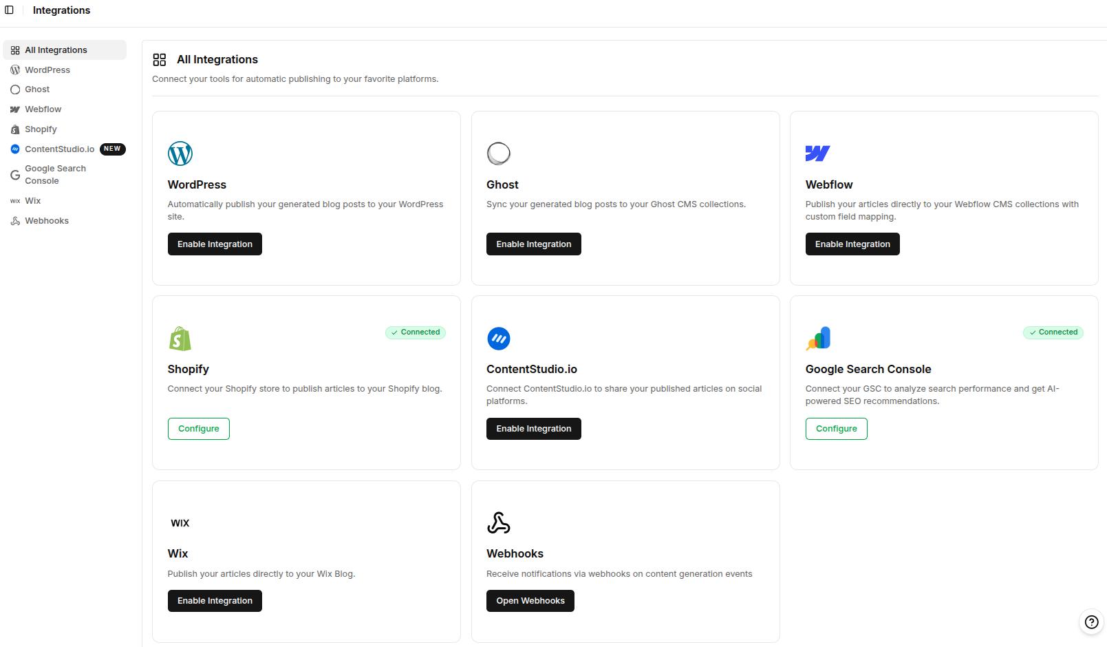 Contentpen screenshot showing all native integrations.