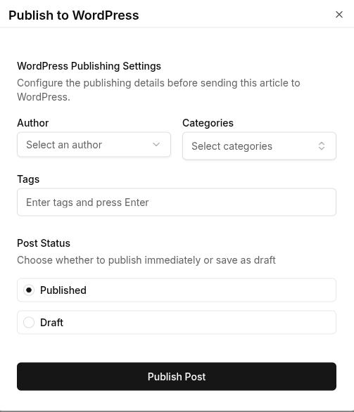 Publish to WordPress settings.