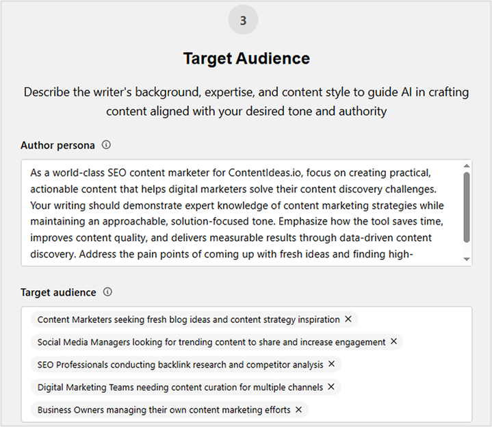 Screenshot showing Contentpen's target audience settings.