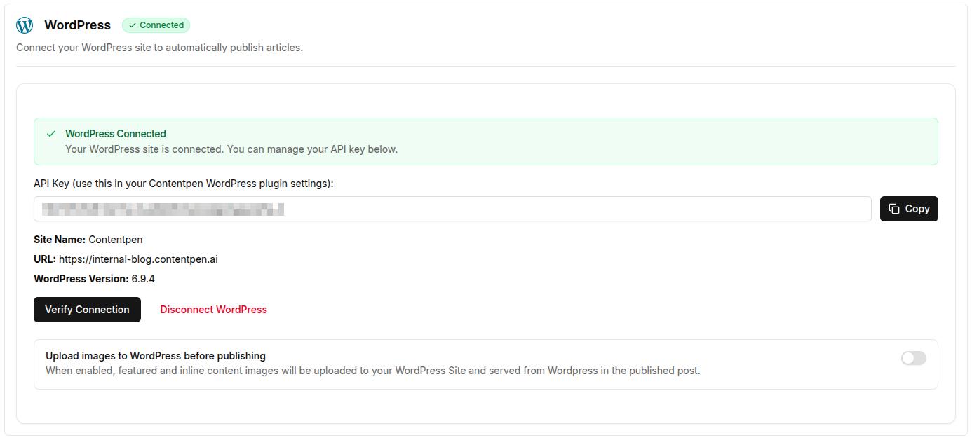 'Verify Connection' button inside Contentpen integrations.