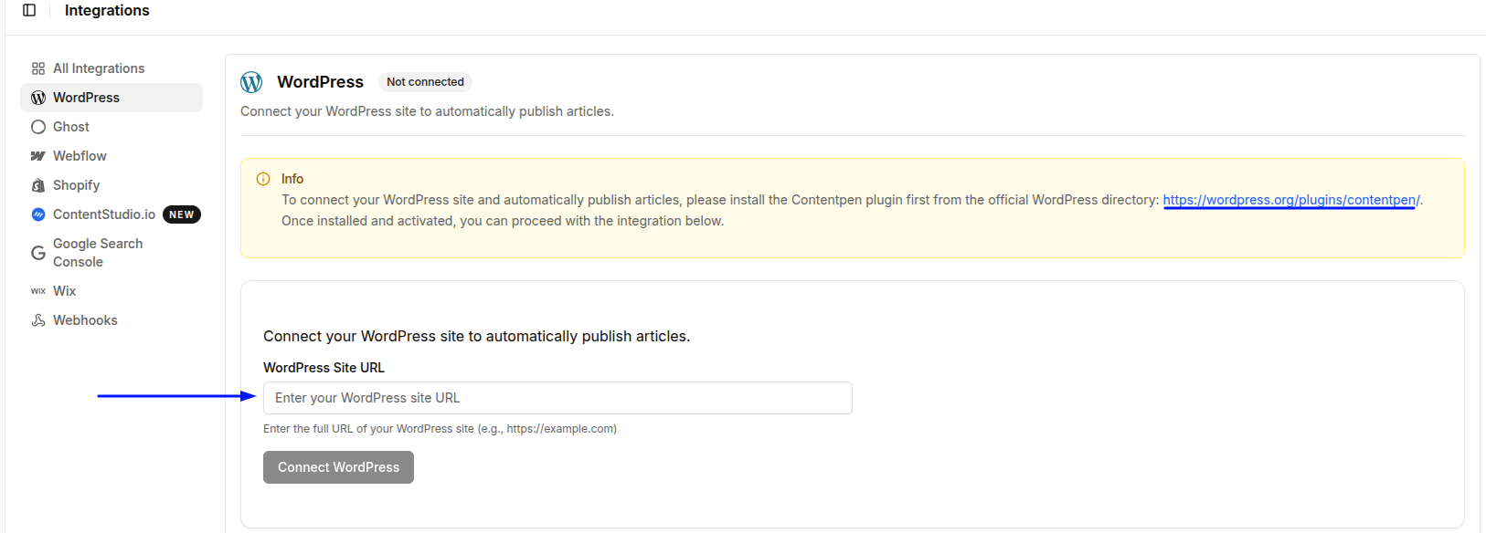 WordPress integration window with the site URL field. 