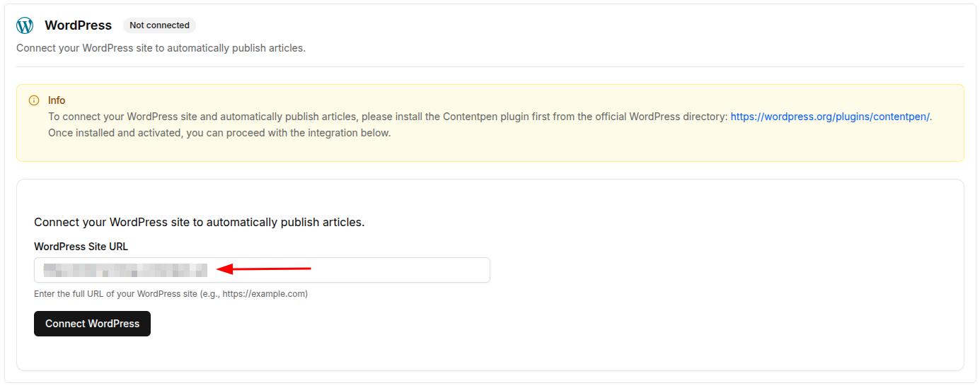 Connect WordPress screen inside the Contentpen integrations tab.