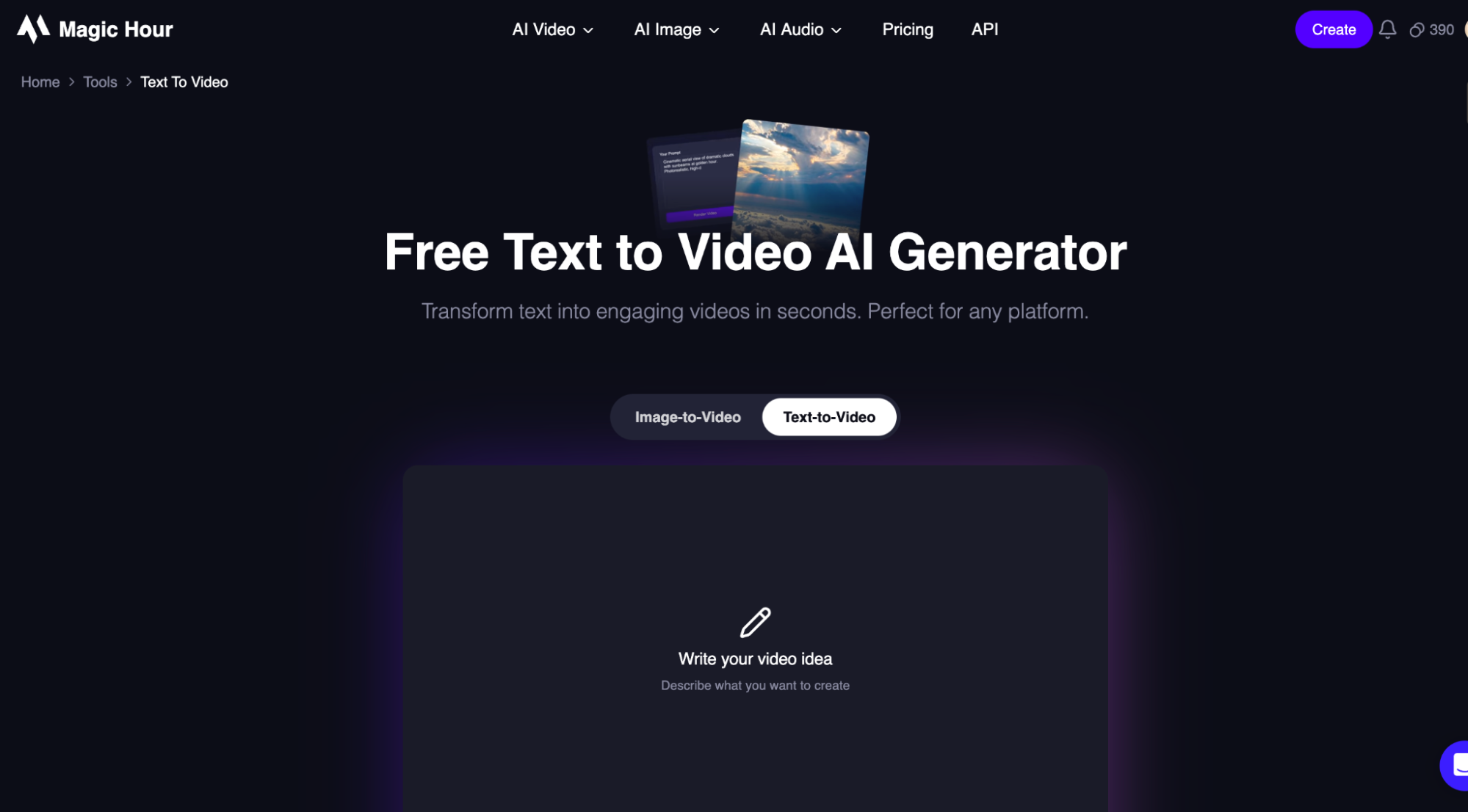 Magic Hour AI landing page.