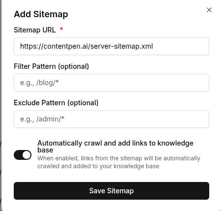 'Adding sitemap' screen for the server sitemap of Contentpen.