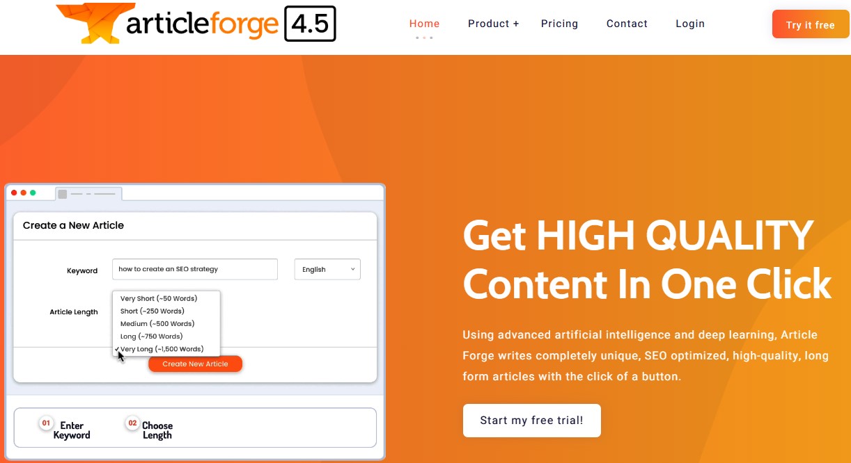 Article Forge landing page
