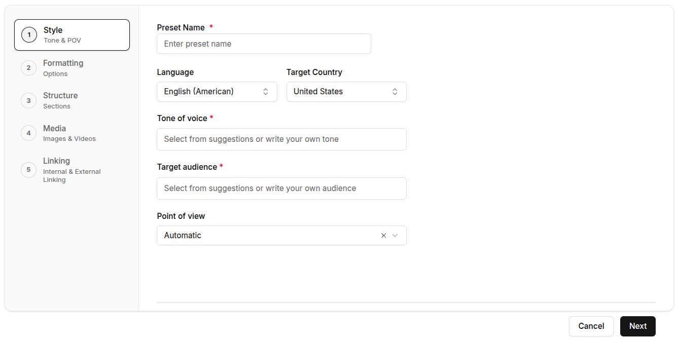 Article style settings, including language, target country, tone of voice, target audience, and POV.