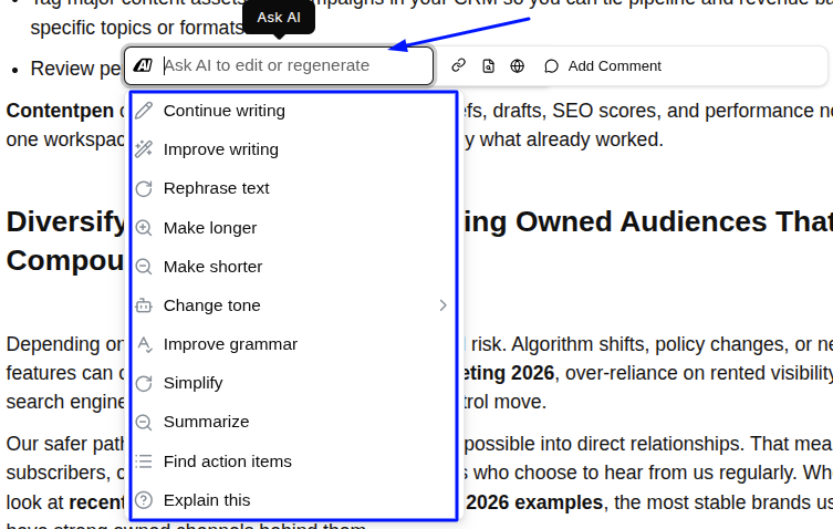In-line text editing options - Contentpen.ai.