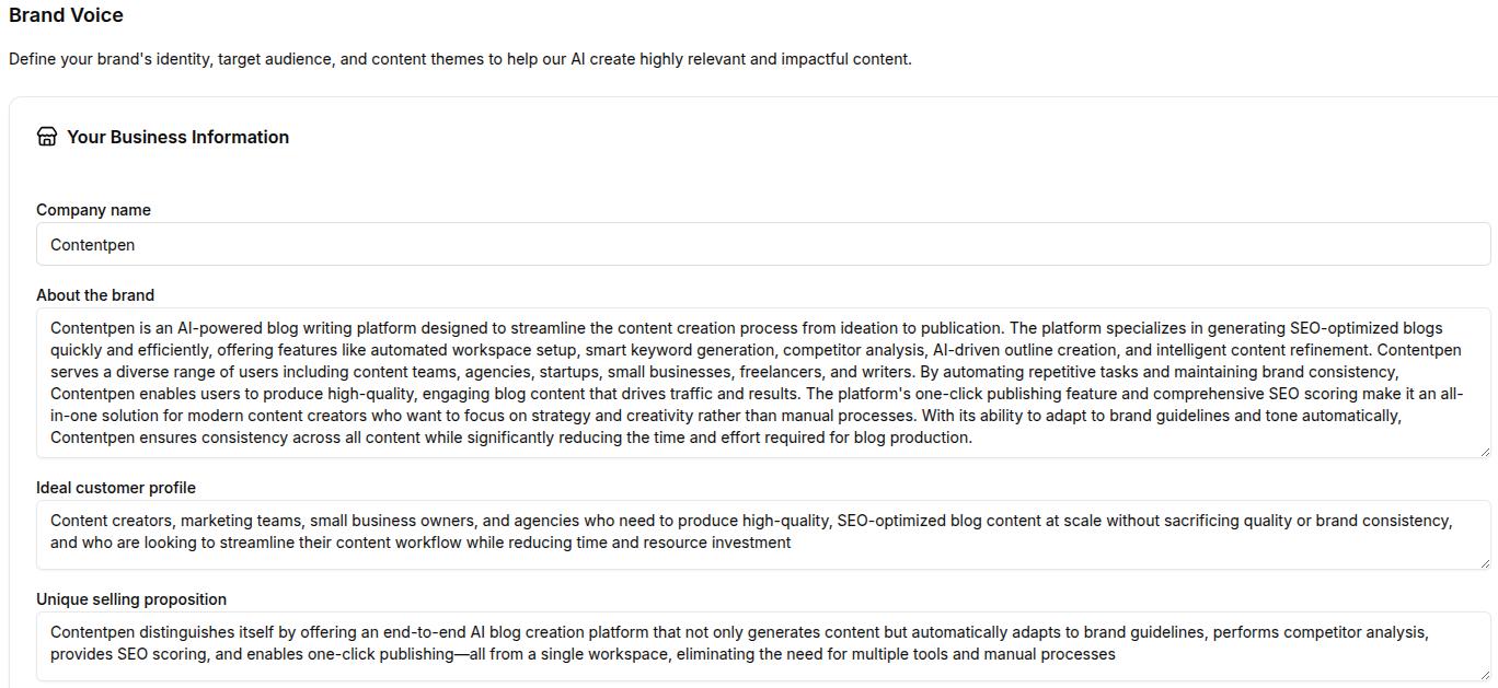 Business identity information for brand voice settings.
