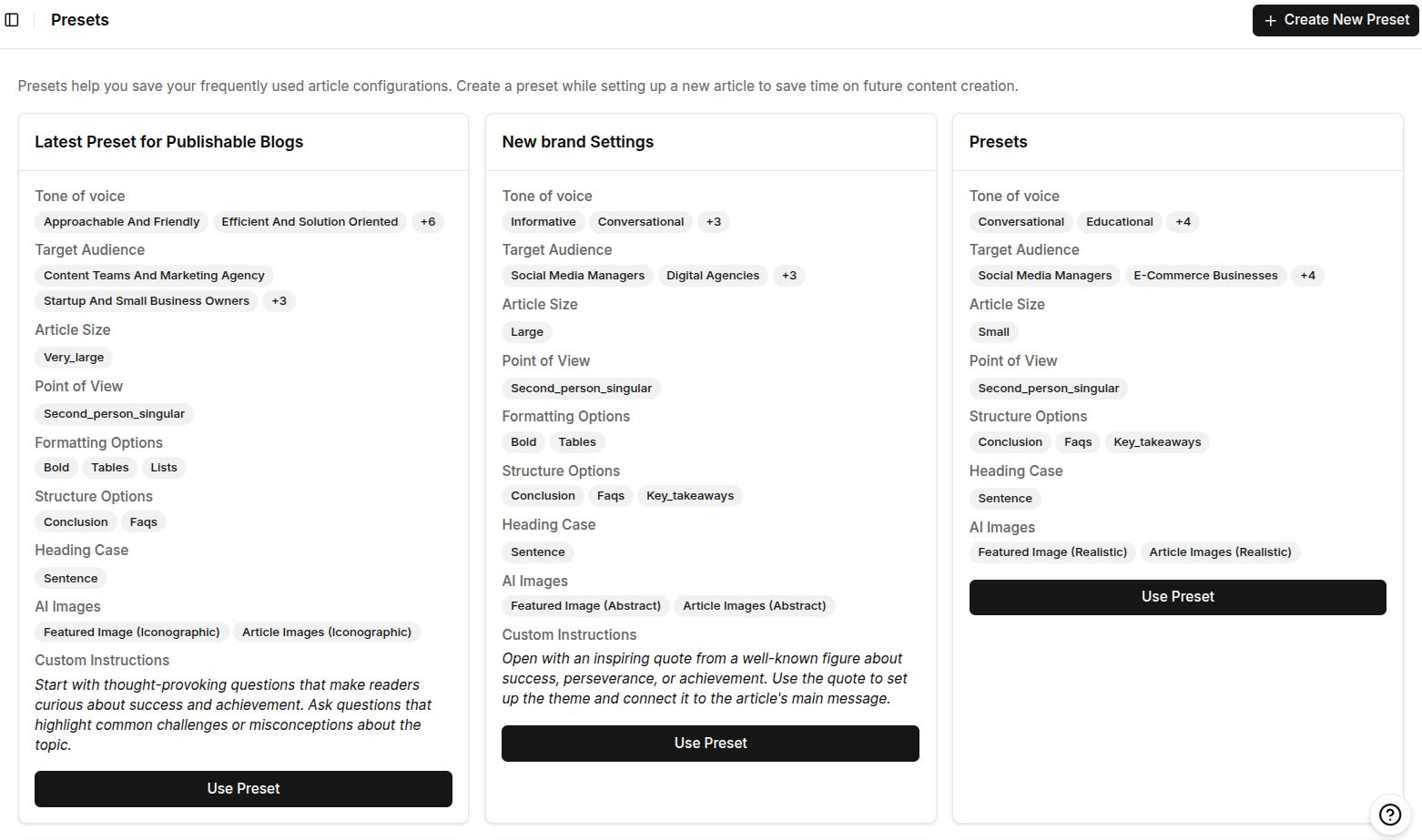 Screenshot showing some pre-made content presets inside Contentpen.