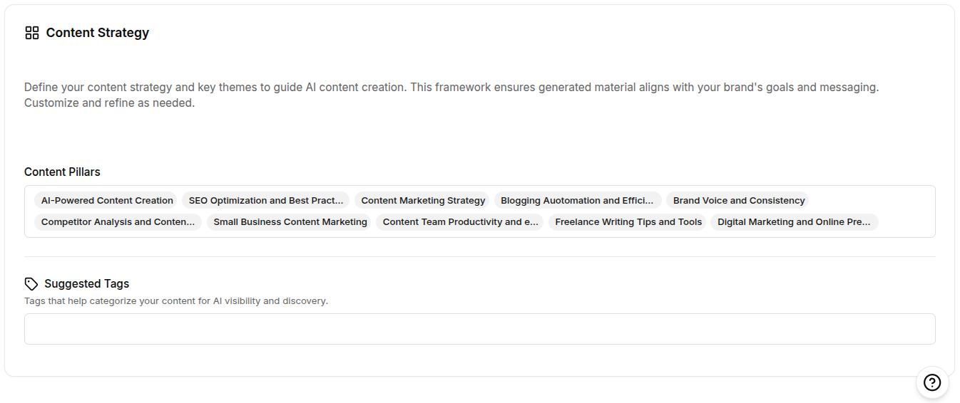 Brand voice settings continued: Content strategy settings showing content pillar and suggested tags.