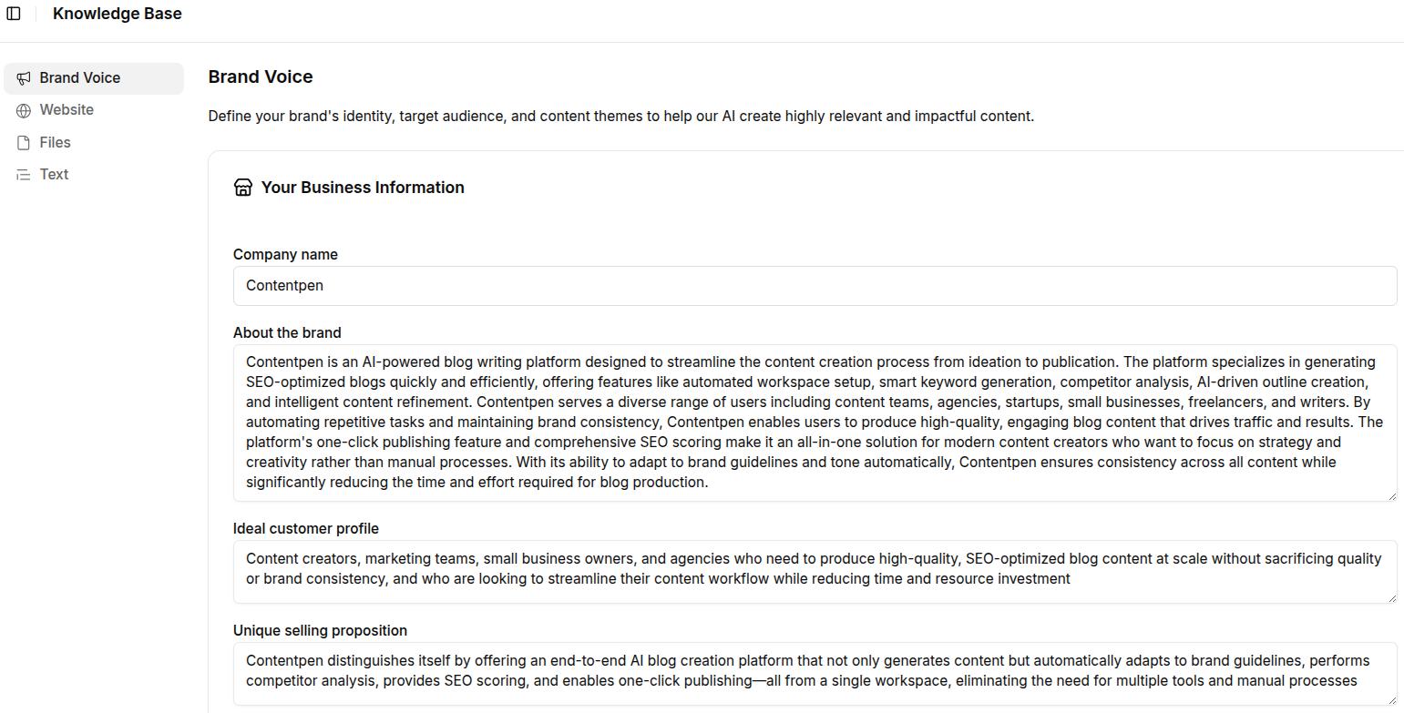 Screenshot showing brand voice settings in Knowledge Base inside Contentpen.