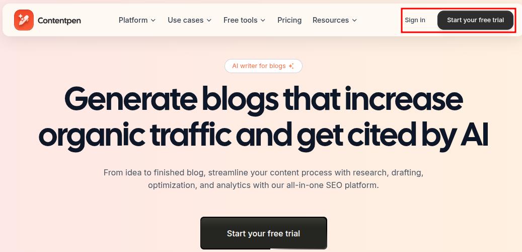 Contentpen main landing page showing the 'Sign-in' and 'Start your free trial' buttons.