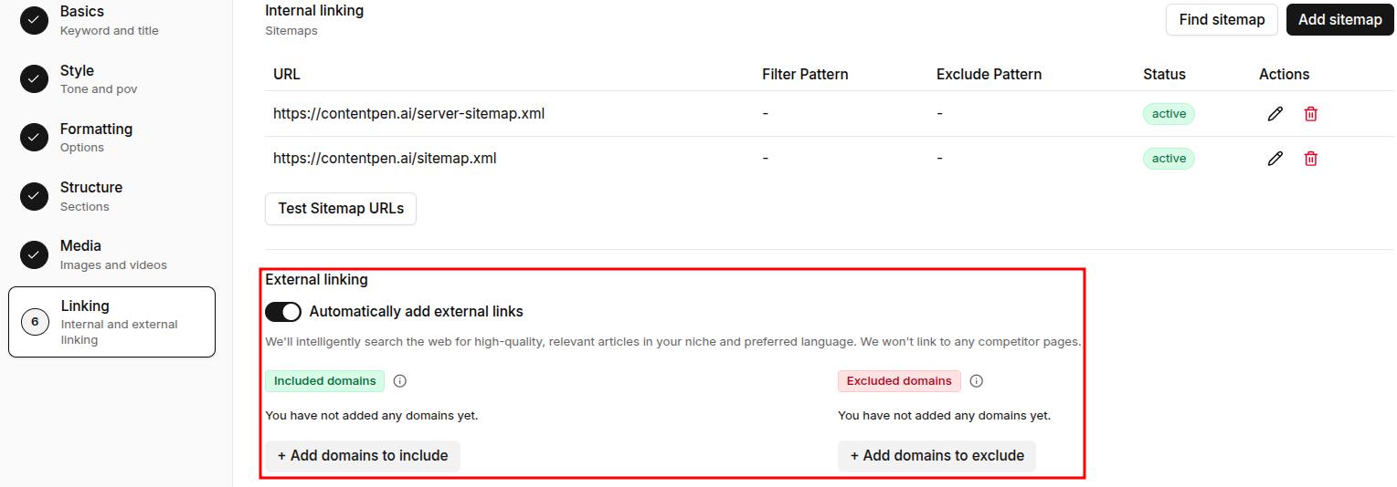 External linking options in Contentpen turned on.