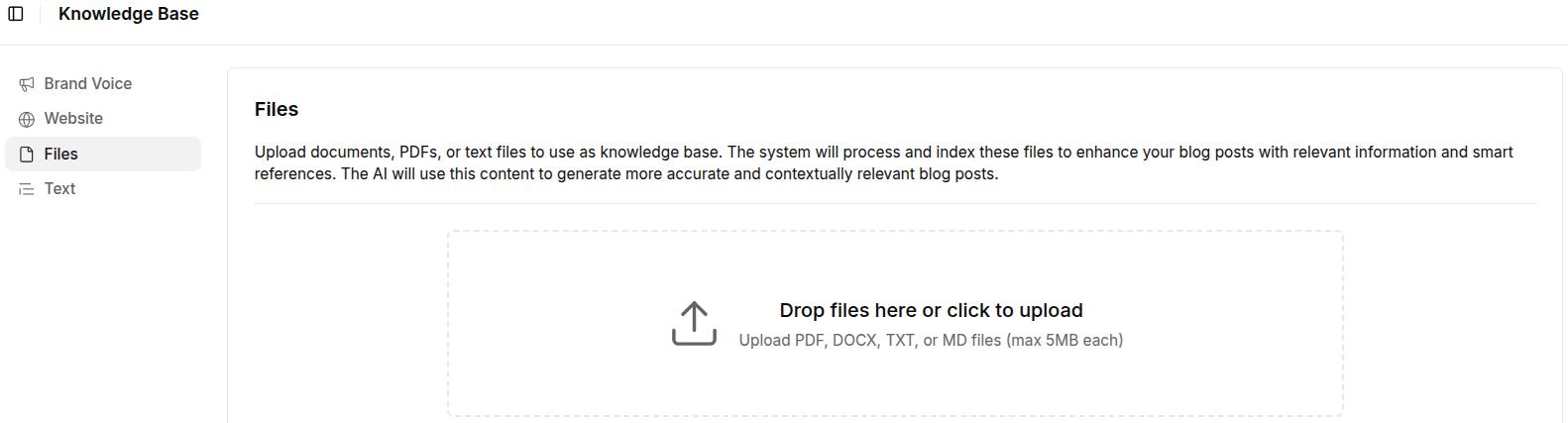 Files settings to update brand knowledge in Contentpen.