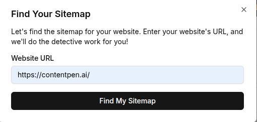 'Find Your Sitemap' screen with the website URL occupying https://contentpen.ai/. 