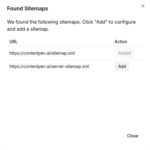 Contentpen automatically discovering XML sitemaps for a website.