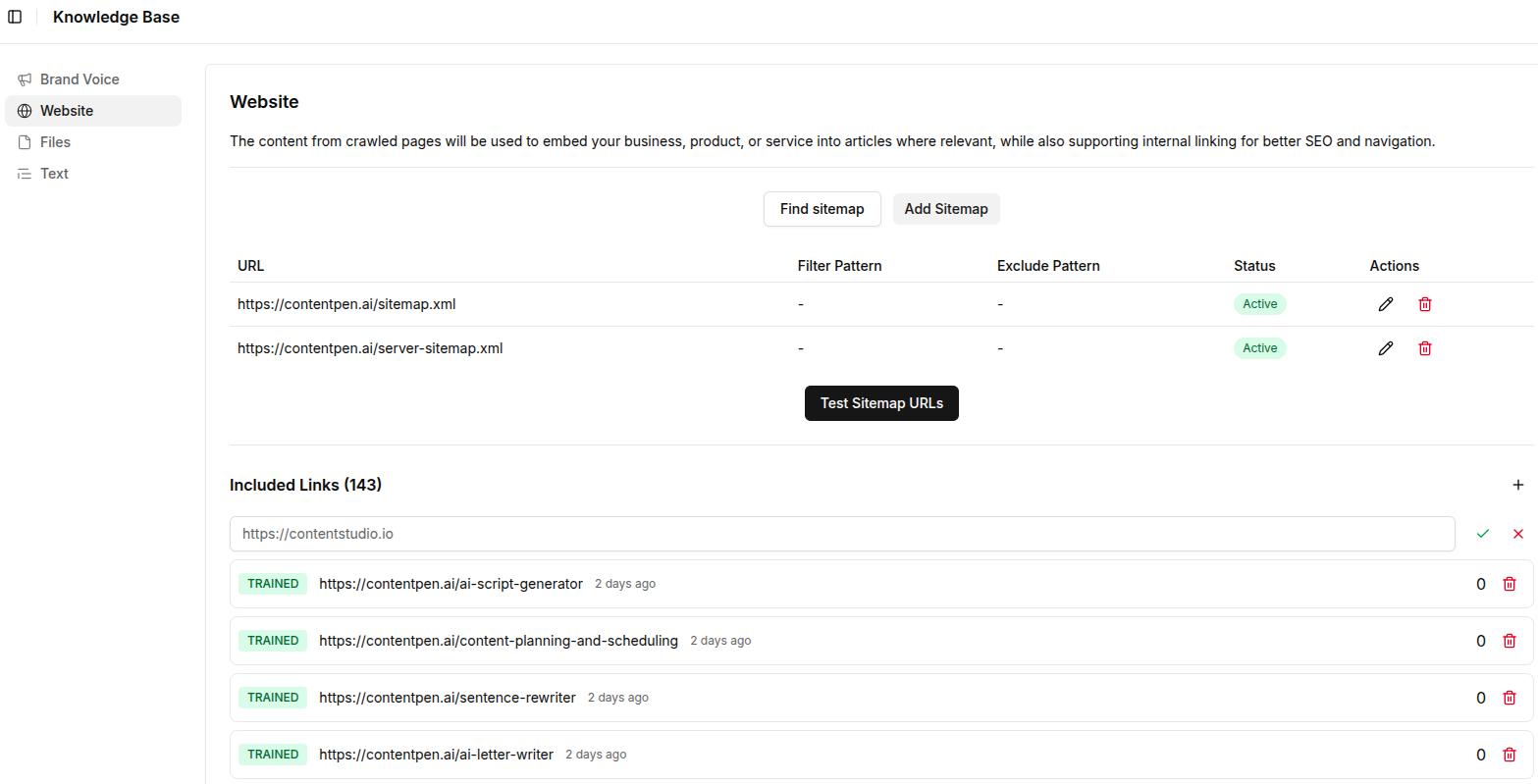 Website settings, leading to the sitemap adding screen.
