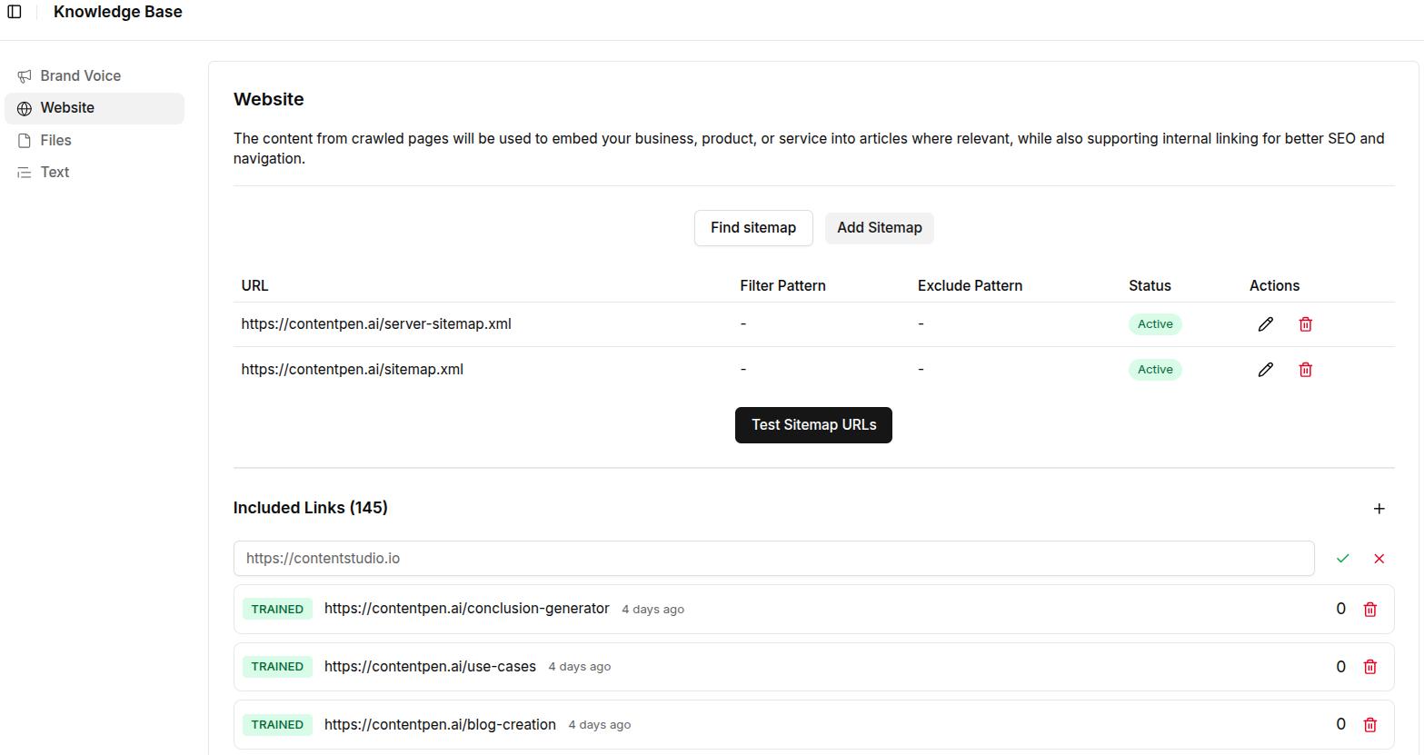 Knowledge-base, website settings showing sitemap added for Contentpen.