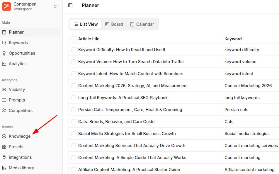 Selecting the 'Knowledge' settings from the main dashboard.