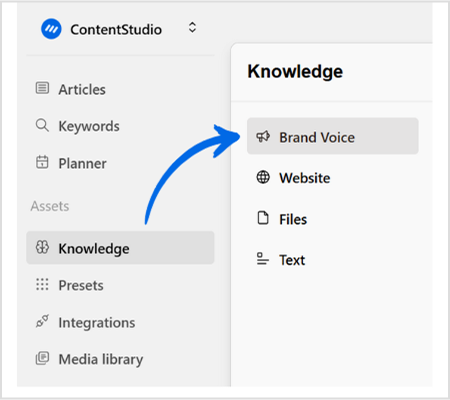 Knowledge settings leading to brand voice menu.