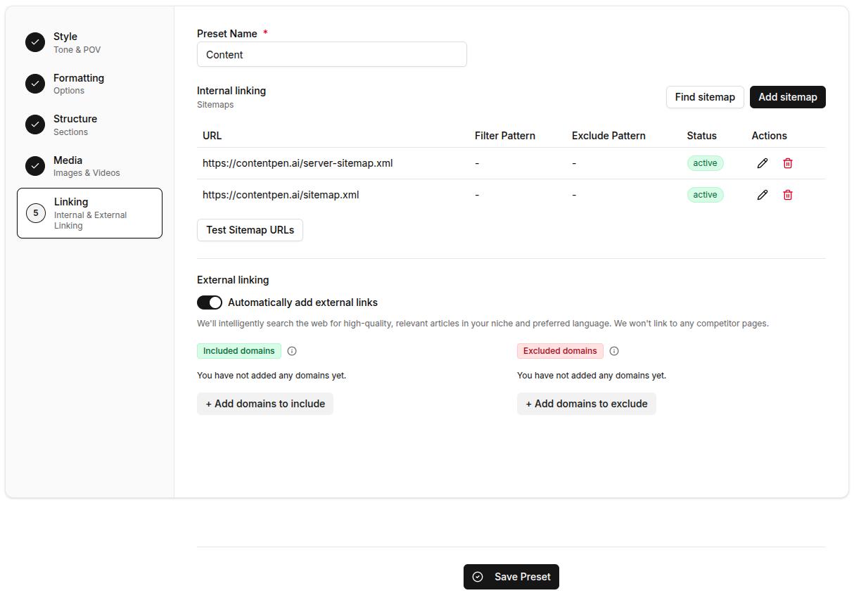 Internal and external linking options for the Contentpen preset.
