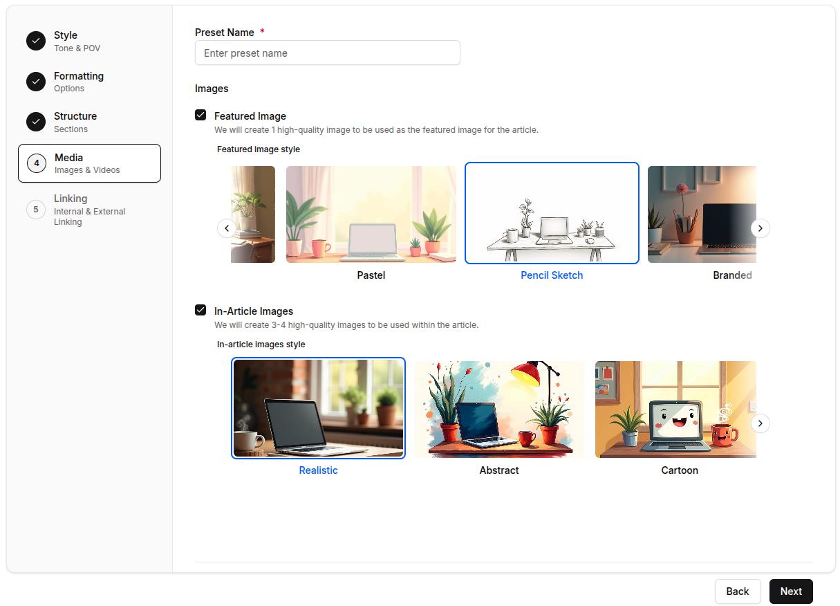 Media options inside Contentpen preset for featured and in-article images.