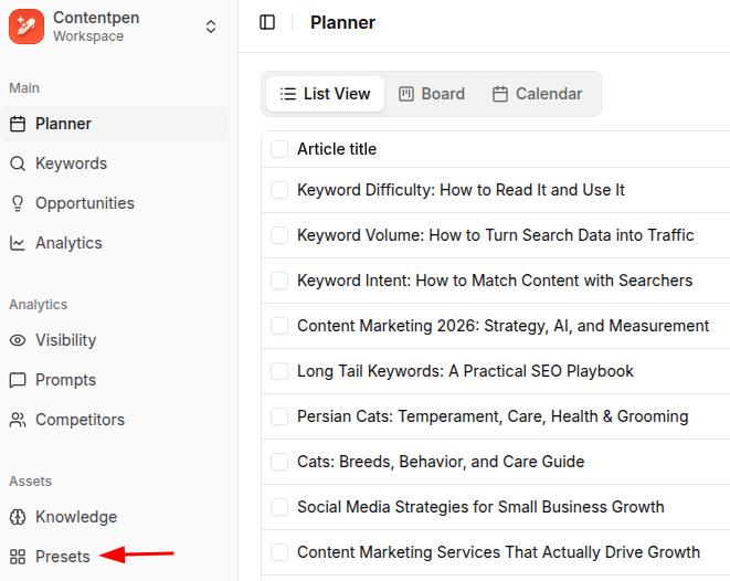 Presets settings shown on the main content planner - Contentpen.ai.