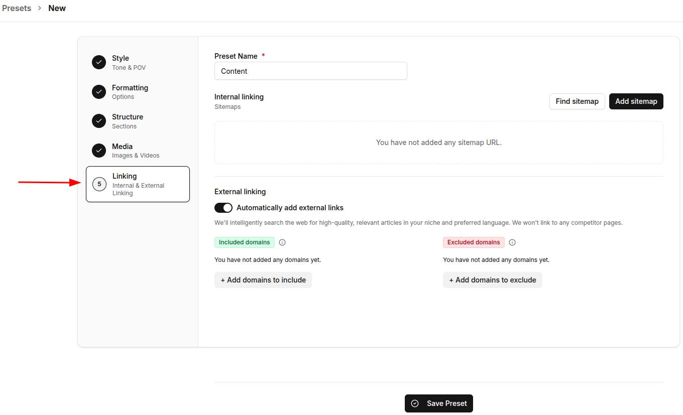 Linking option inside the Presets settings - Contentpen.ai.