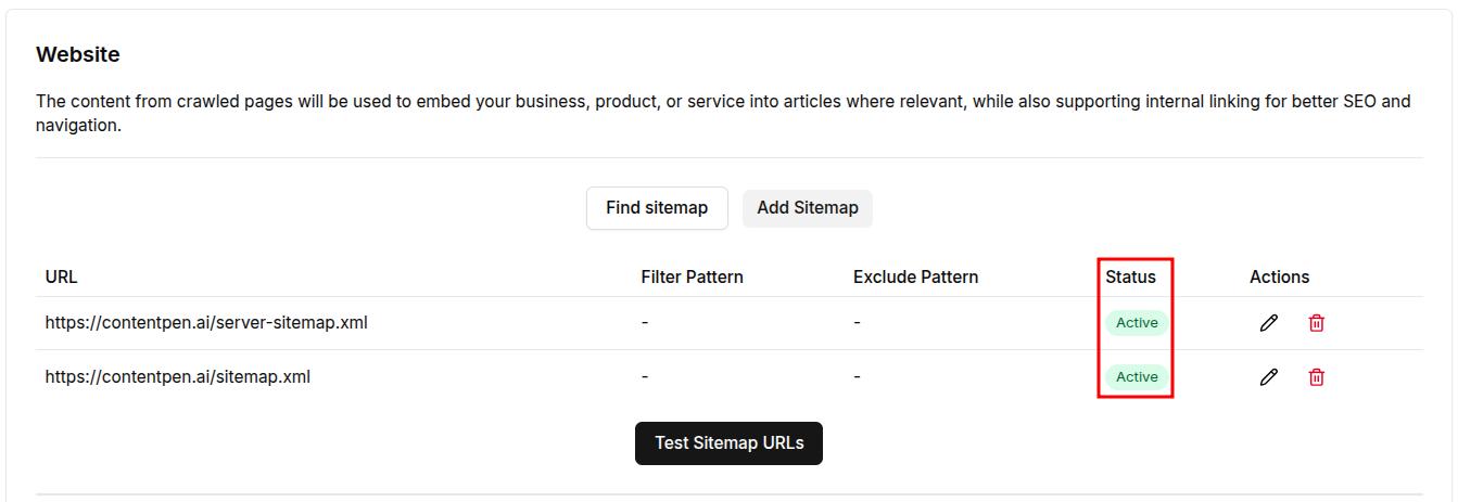 Screenshot showing the status of sitemaps added in Contentpen.ai.