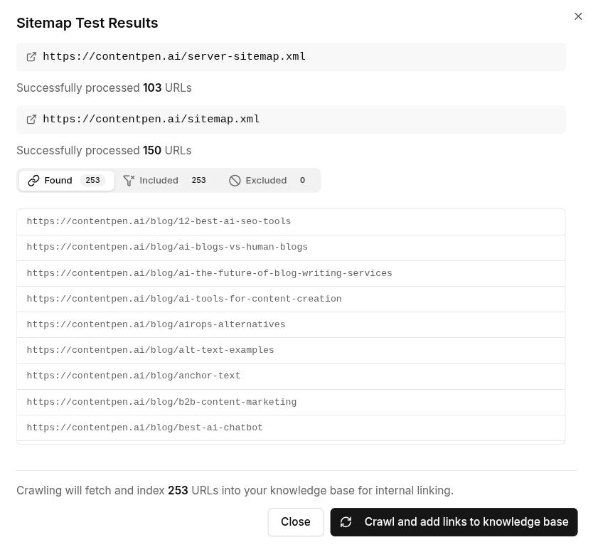 Sitemap adds internal links to the knowledge base - Contentpen.ai.