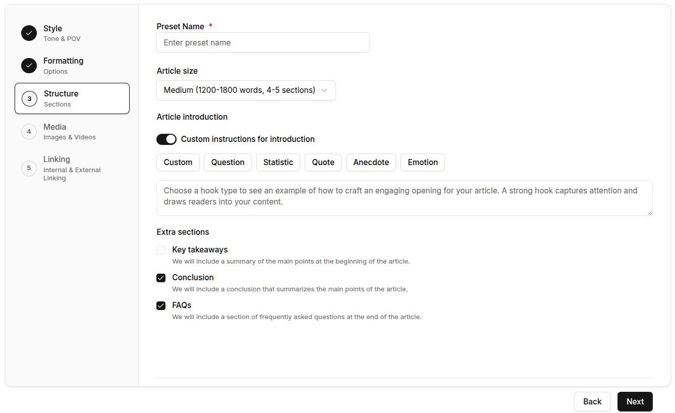 Screenshot showing content structure settings, including article size, introduction style, and extra sections.