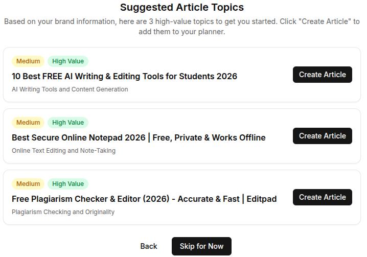 Suggested article topics to begin your content journey - Contentpen.ai.
