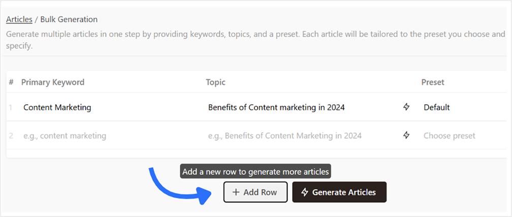 Add a row of content for bulk creation - Contentpen.ai.