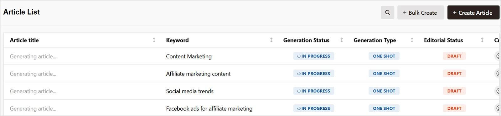 Article generation in process, as seen through Contentpen dashboard.